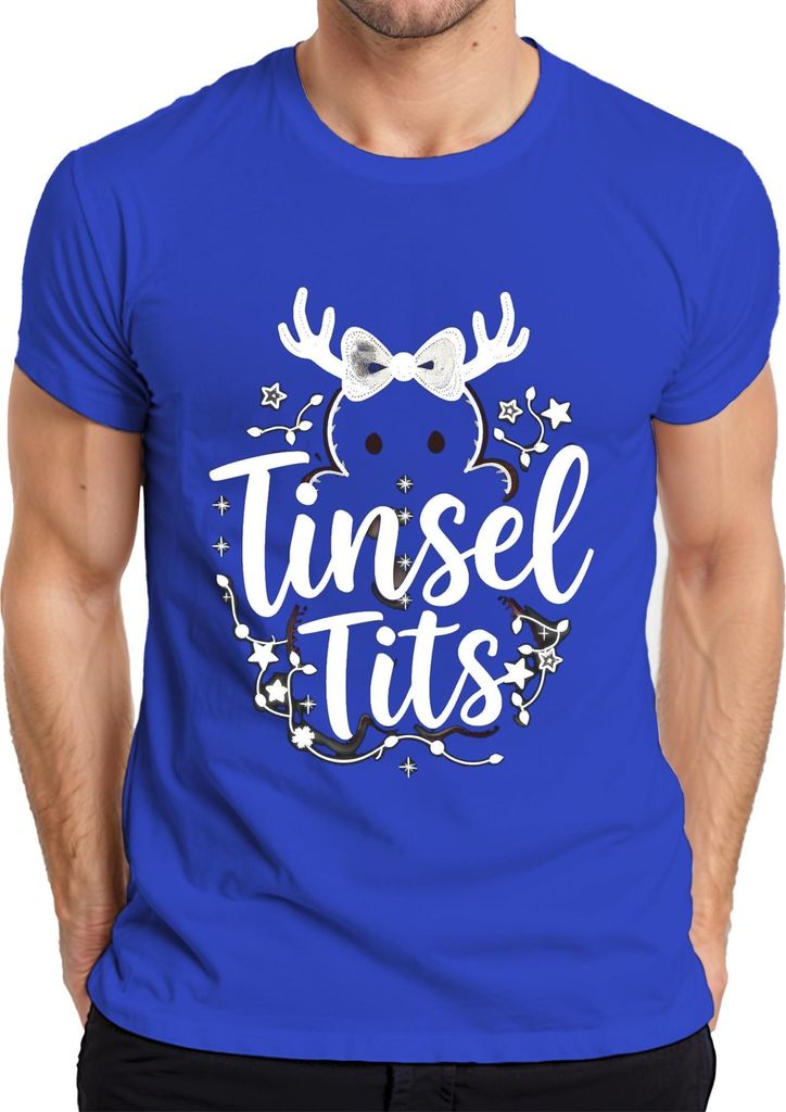 Tinsel Tits lustig Weihnachten Geschenk Rentier Geweih Glitzer Herren T-Shirt, Blau, XL