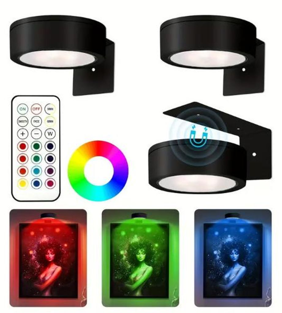 Schwarze runde LED-Wandleuchten mit Fernbedienung und Farbrad, die Kunstwerke in Rot, Grün und Blau beleuchten