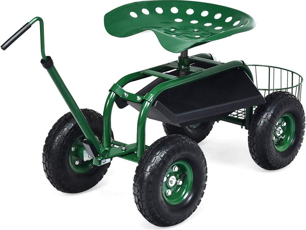 Gartenwagen Scooter mit Ablagekorb & Tablett, Rollender Gartenarbeitssitz, Rollsitz mit Ausziehbarer Griff, Gartenhocker bis 150kg