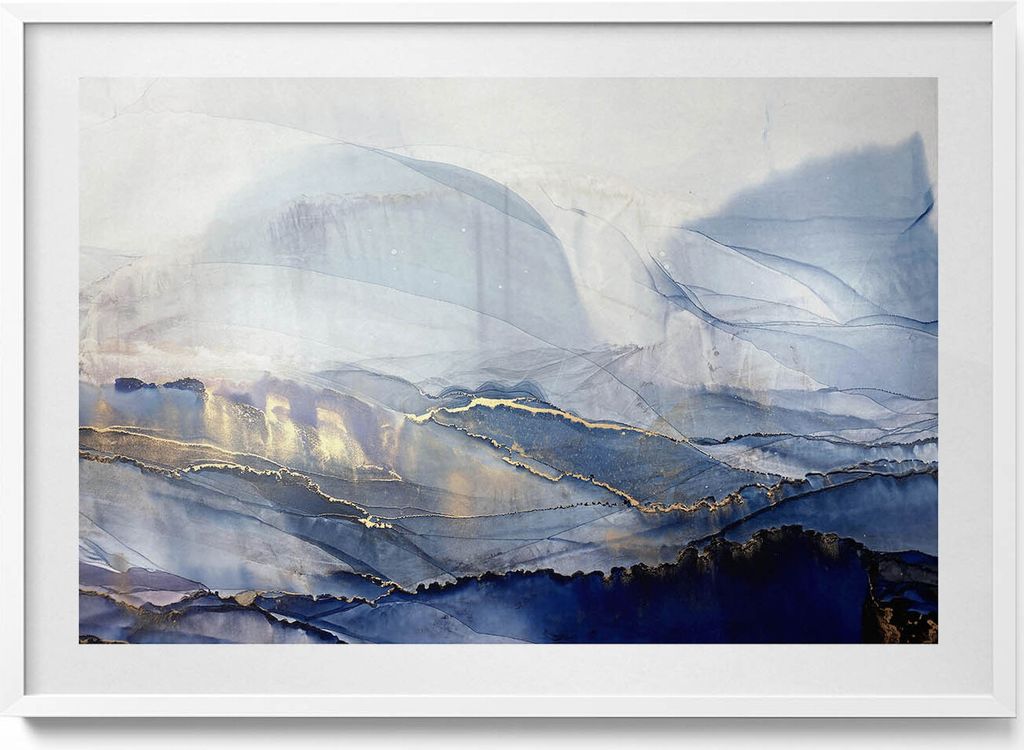 Abstrakt mit Gold– Wandbild mit Rahmen – Gerahmtes Bild – Wanddekoration – 100x70 cm – Weiß Rahmen