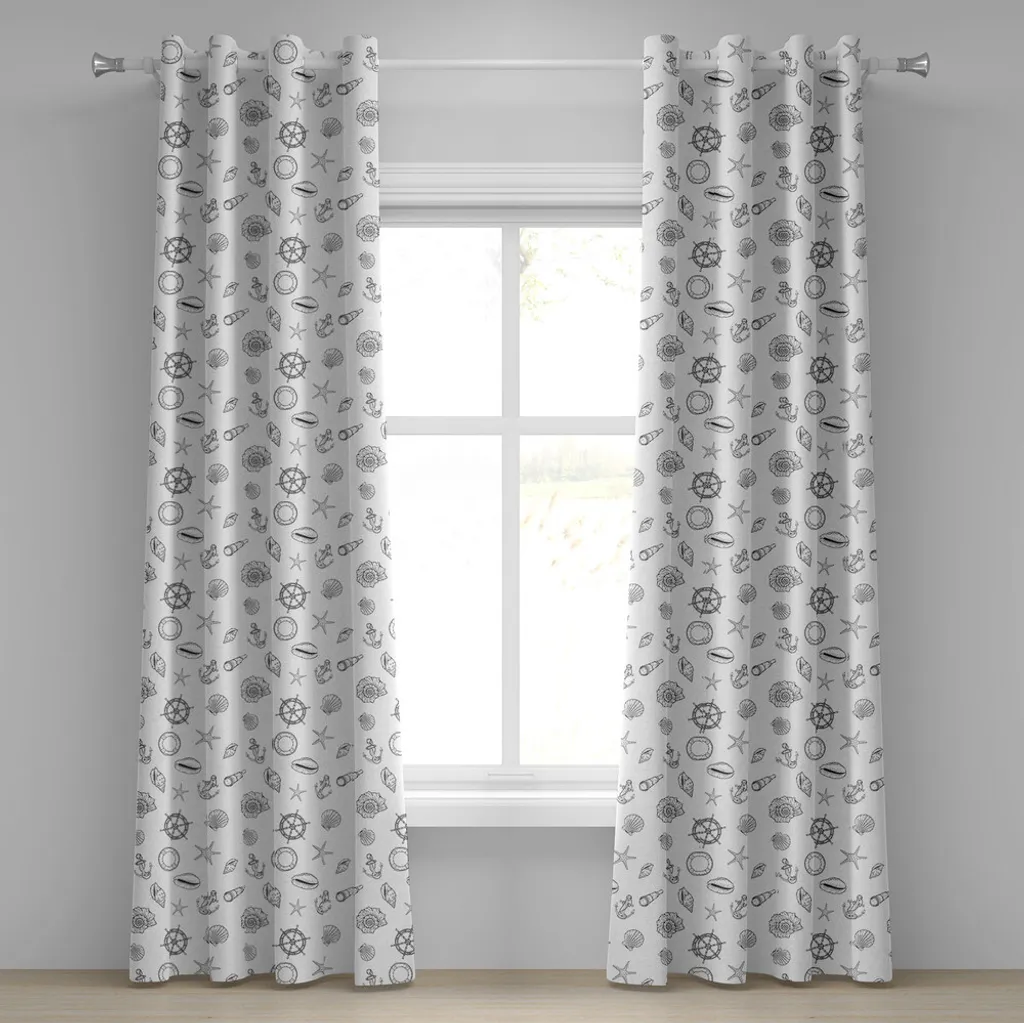 ABAKUHAUS Tenda con occhielli Sea Shells, elementi nautici monocromatici disegnati a mano, disegno con elmo, ancora e stella marina, tende decorative a 2 pannelli, 280 cm x 245 cm, bianco e grigio scuro