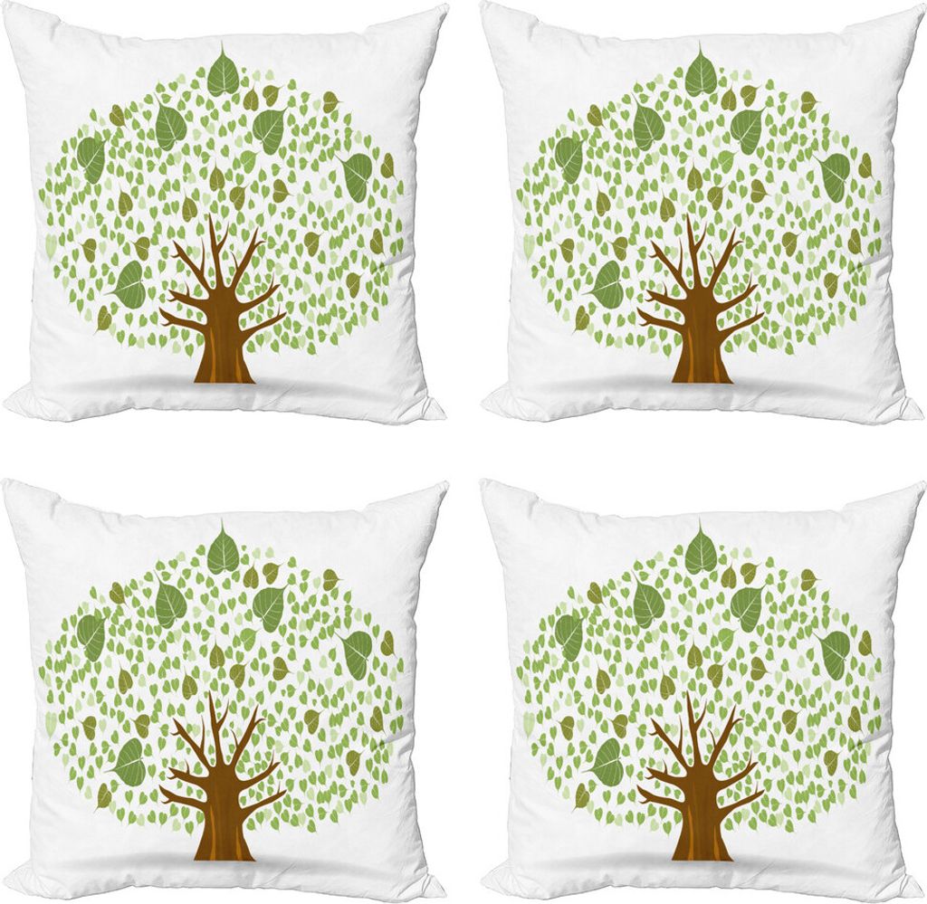 ABAKUHAUS Baum Kissenbezug Set (4 Stück), Fig Bodhi Leaves, Moderner Doppelseitiger Digitaldruck, 50 cm x 50 cm, Grün Braun und Weiß