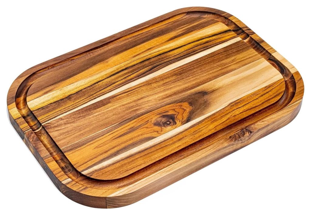 Schneidebrett aus Teakholz mit Abtropfschale, naturbelassen, 40 cm lang, 2,4 cm dick. Servierbrett für Käse und Brot. Maße: 40 x 28 x 2,4 cm (mi...