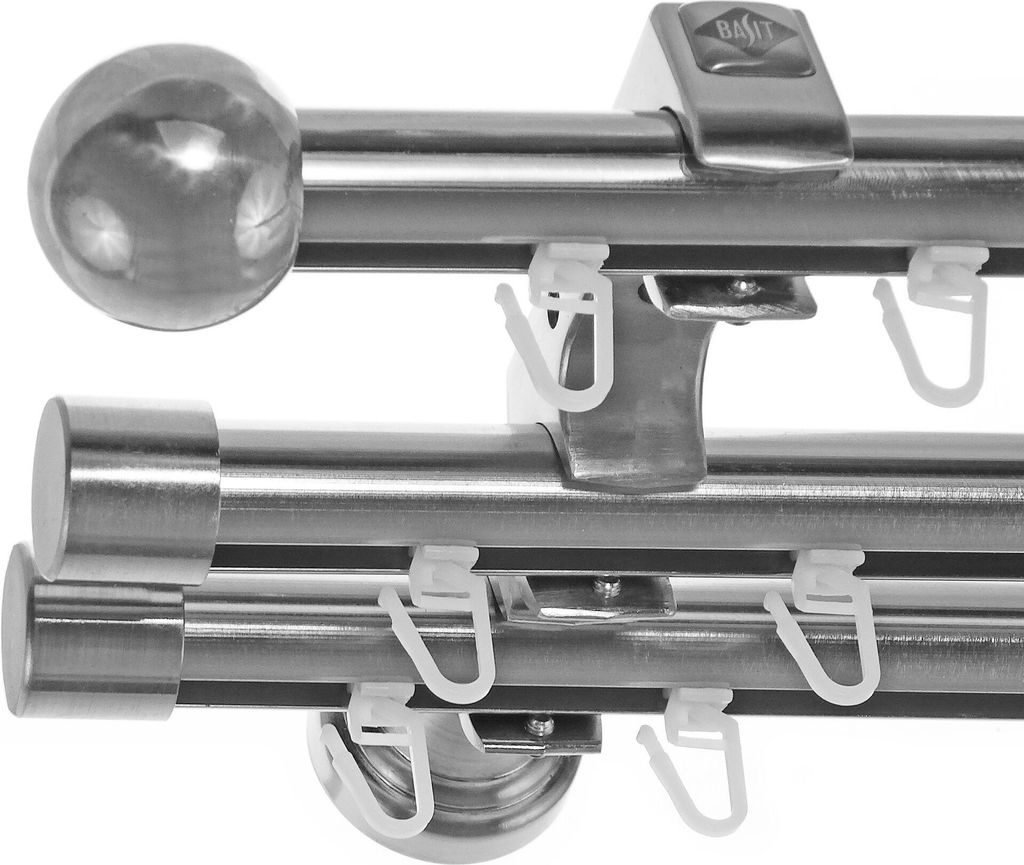 Innenlauf Edelstahl Look Gardinenstange 20mm Wandträger 3-läufig mit Kugel H60 E33E30 II+ 1x B20I