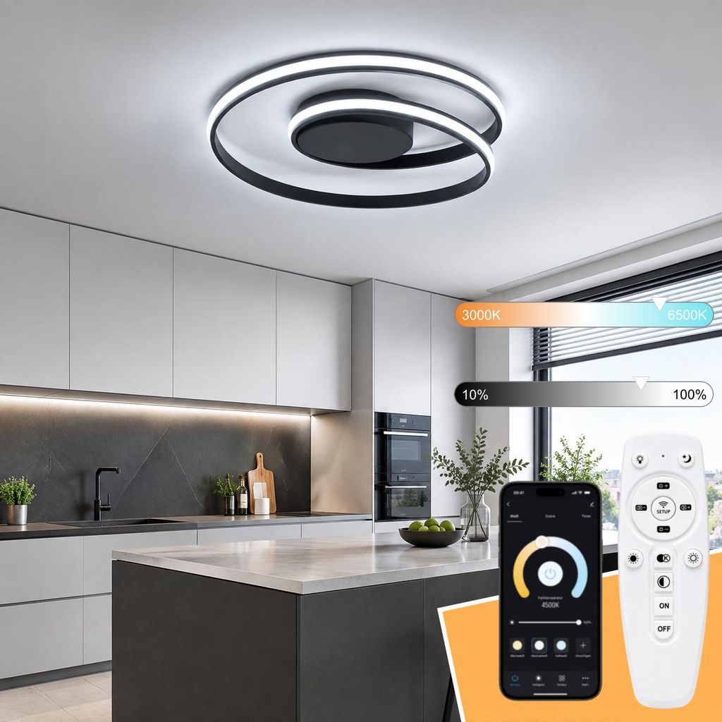 Chytré LED stropní svítidlo, černá barva, průměr 50 cm. Obrázek produktu 