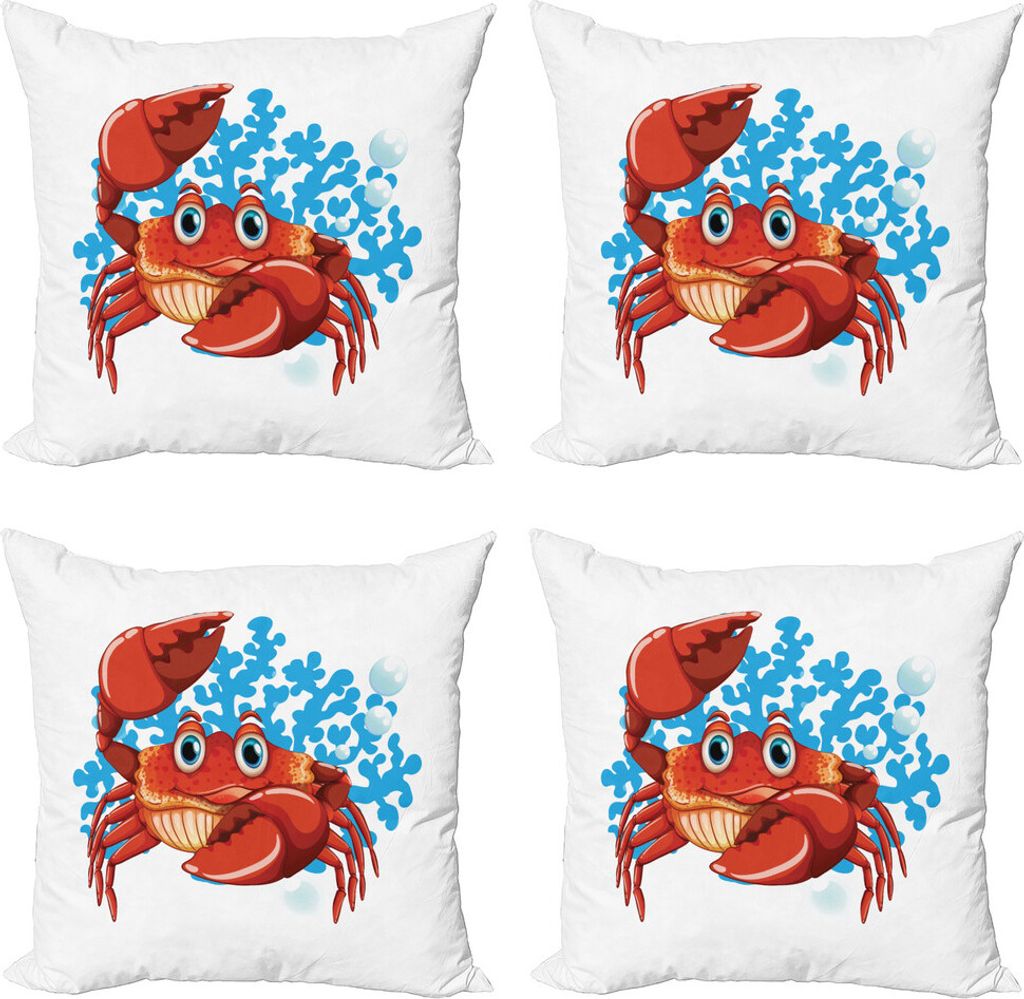 ABAKUHAUS Krabben Kissenbezug Set (4 Stück), Cartoon Blue Coral Reef, Moderner Doppelseitiger Digitaldruck, 60 cm x 60 cm, Rot Blau blasses Orange