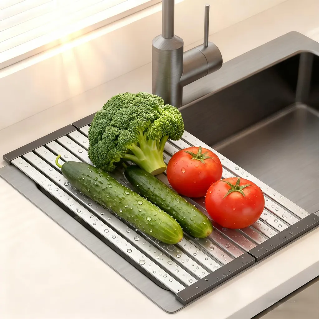 Égouttoir antidérapant inox 304 - Cache-évier pliable résistant 45 cm