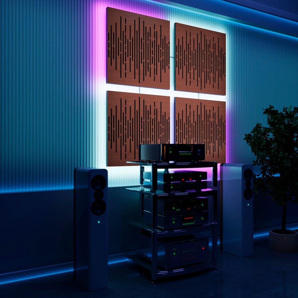 4er-Pack-LED Akustikwandpaneele mit RGB Glow für Echo Control|Schallabsorbierende Paneele mit Backlight|4x WAVE -Separat-SQUARE|Kirschbaum