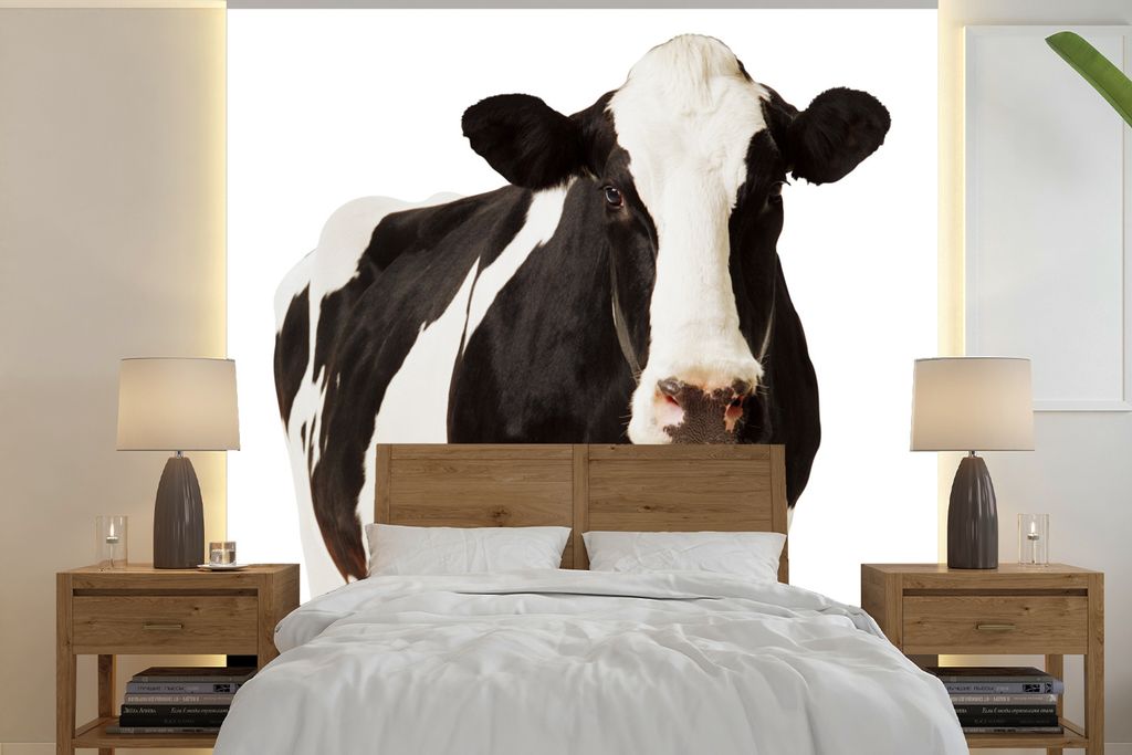 MuchoWow Fototapete für Wohnzimmer oder Schlafzimmer Wandtapete Vinyl Motivtapete Kuh - Weiß - Schwarz - Tiere - 220x220 cm - Tapeten