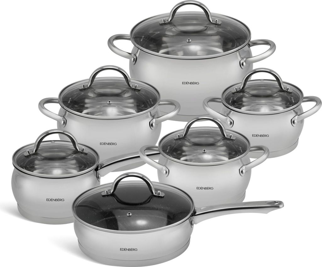 A set of stainless steel pots and pans with glass lids, arranged on a white background.