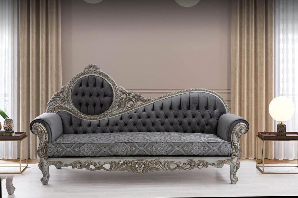 Casa Padrino Luxus Barock Sofa Grau / Blau / Silber / Bronze 230 x 90 x H. 135 cm - Prunkvolles Massivholz Wohnzimmer Sofa mit elegantem Muster und...