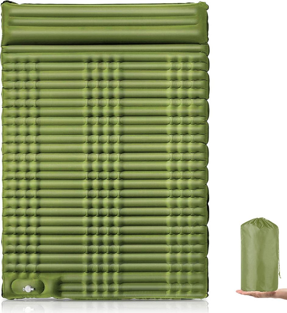 Doppeltes aufblasbares Campingbett, aufblasbare Isomatte, mit Pumpe und Kissen, 203x140x10cm, geeignet für Outdoor-Camping und Reisen, Militärgelb