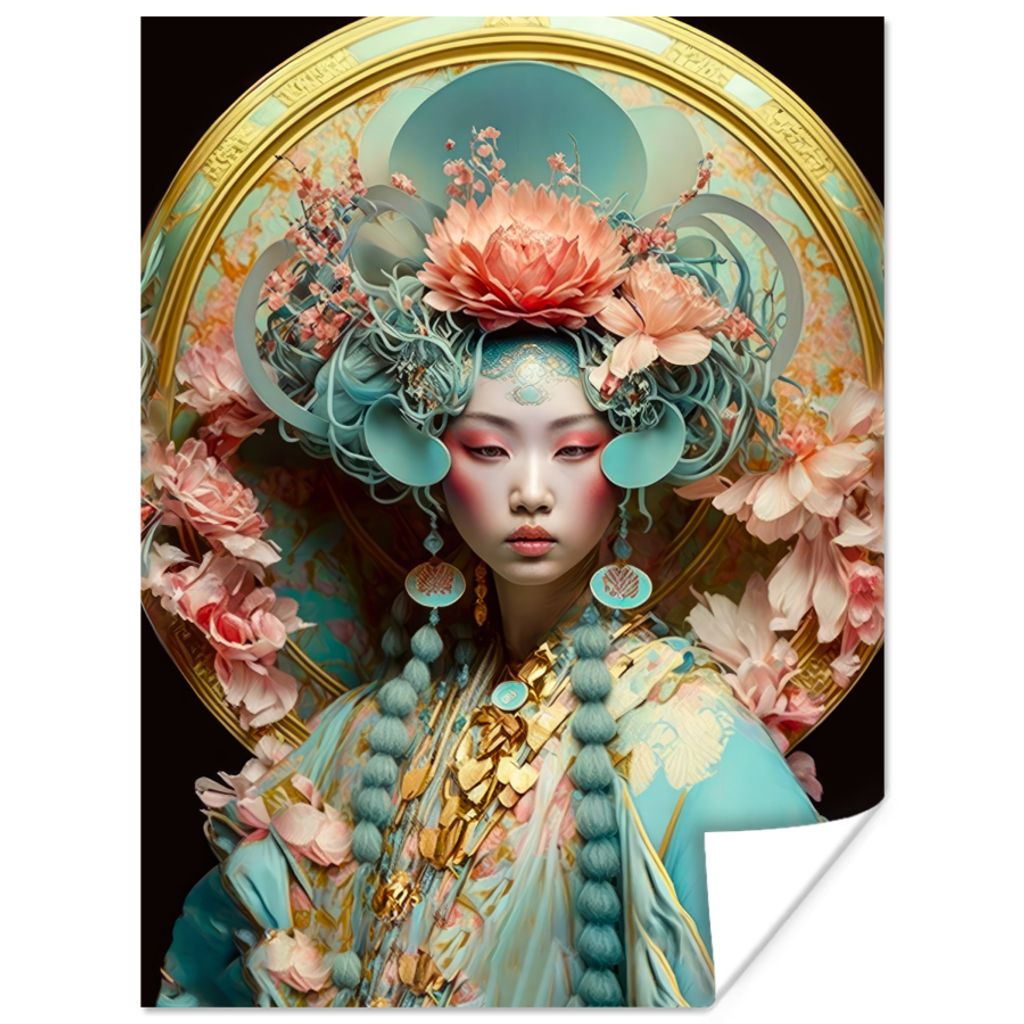 MuchoWow Poster Frau - Blumen - Rosa - Porträt - Asiatisch 120x160 cm - Wandbilder