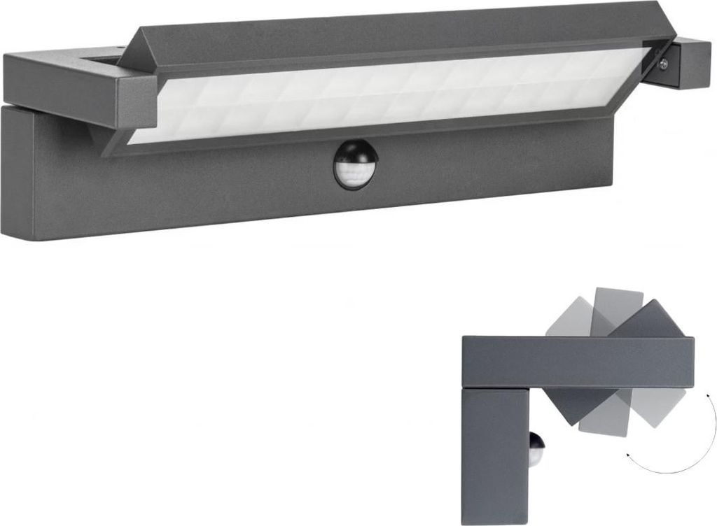 A dark gray LED outdoor wall light with a motion sensor is shown against a white background. A smaller inset image shows the adjustable angle of the light fixture.