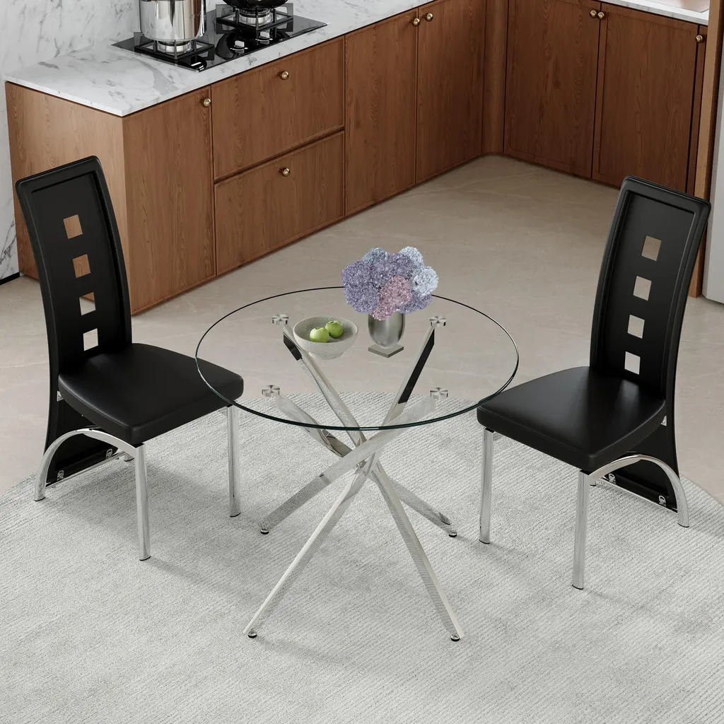 Ensemble table à manger 2 chaises noires design moderne en verre 88cm - 2