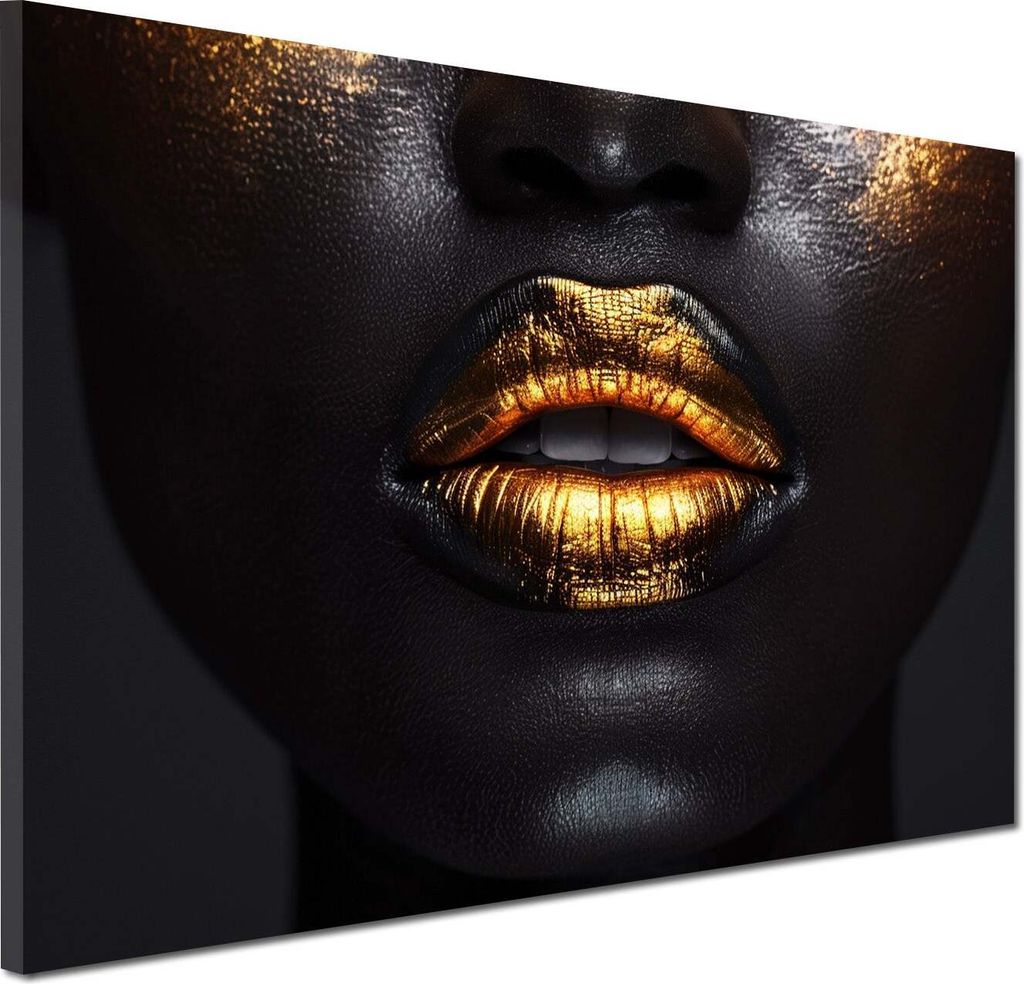 Schwarze Haut mit goldenen Lippen Wandbild Leinwandbild Kunstdruck XL Wanddeko: 90x60x2cm