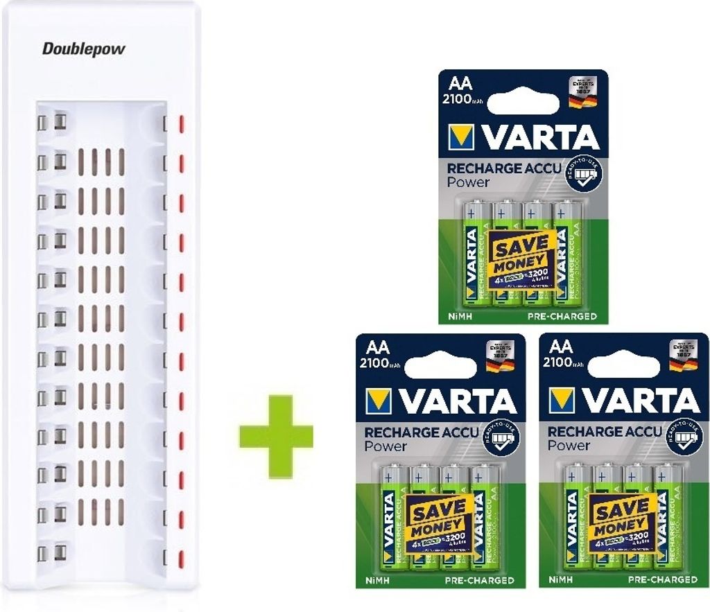 OXE Universal Batterieladegerät für wiederaufladbare Batterien AA für 12 Stück + 12 Stück Akkus Varta 56706 R6 2100mAh NIMH basic