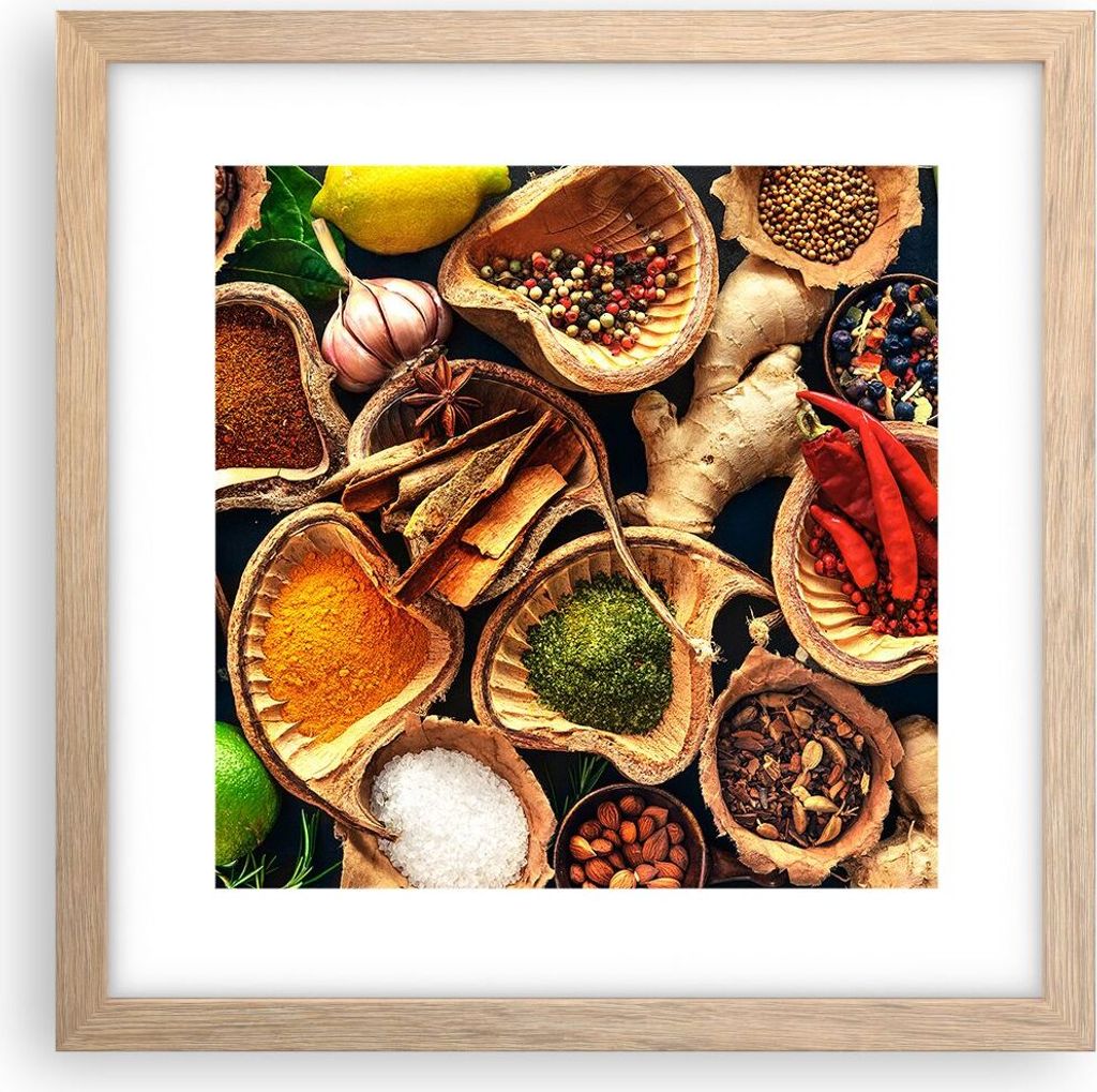 Gerahmtes Poster - Rahmen in heller Eiche - Küche Essen Kräuter Gewürze - 30x30 cm - Wand Bild - Wanddeko - Wandbilder - Wandposter - Bilderrahm...