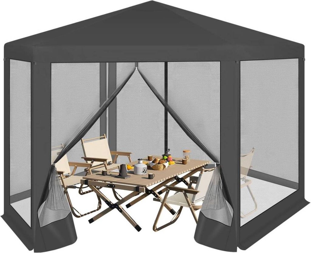 WOLTU Pavillon 3,8x3,3 m sechseckig, mit Seitenwänden Moskitonetz, Metall : Grau Farbe: Grau