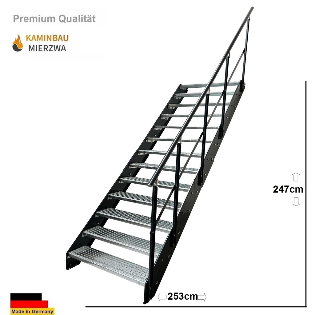 Stahl Wangentreppe Gitterroststufen 13 Stufen Geländer Rechts - Verzinkt & Anthrazit pulverlackierten Seiten - (B x H x T) 80 x 247 x 253 cm