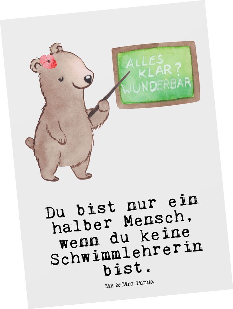 Mr. & Mrs. Panda Postkarte Schwimmlehrerin Herz - Weiß - Geschenk, bildkarte, Schwimmbad, Grußkarte, Spruch, Beruf, Witzig, Lustig, Fotokarte, An...