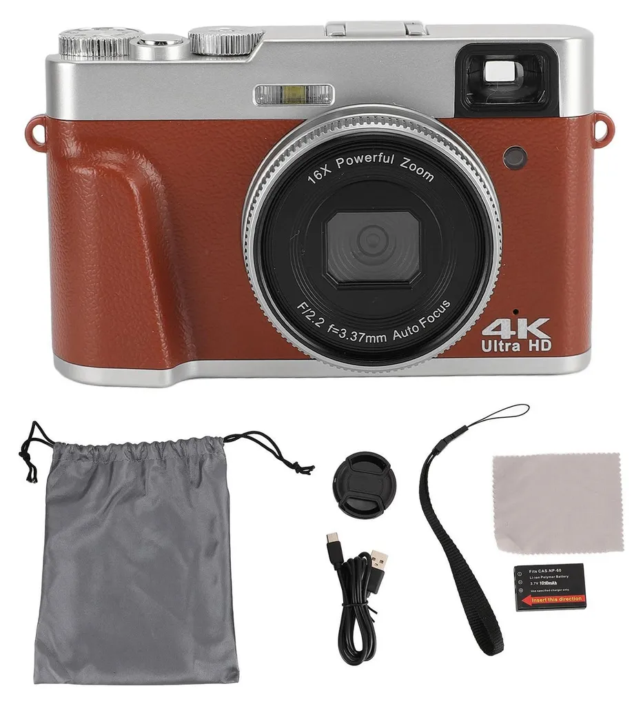 Appareil Photo Numérique 4K 48MP Compact avec Zoom 16X Marron Rétro
