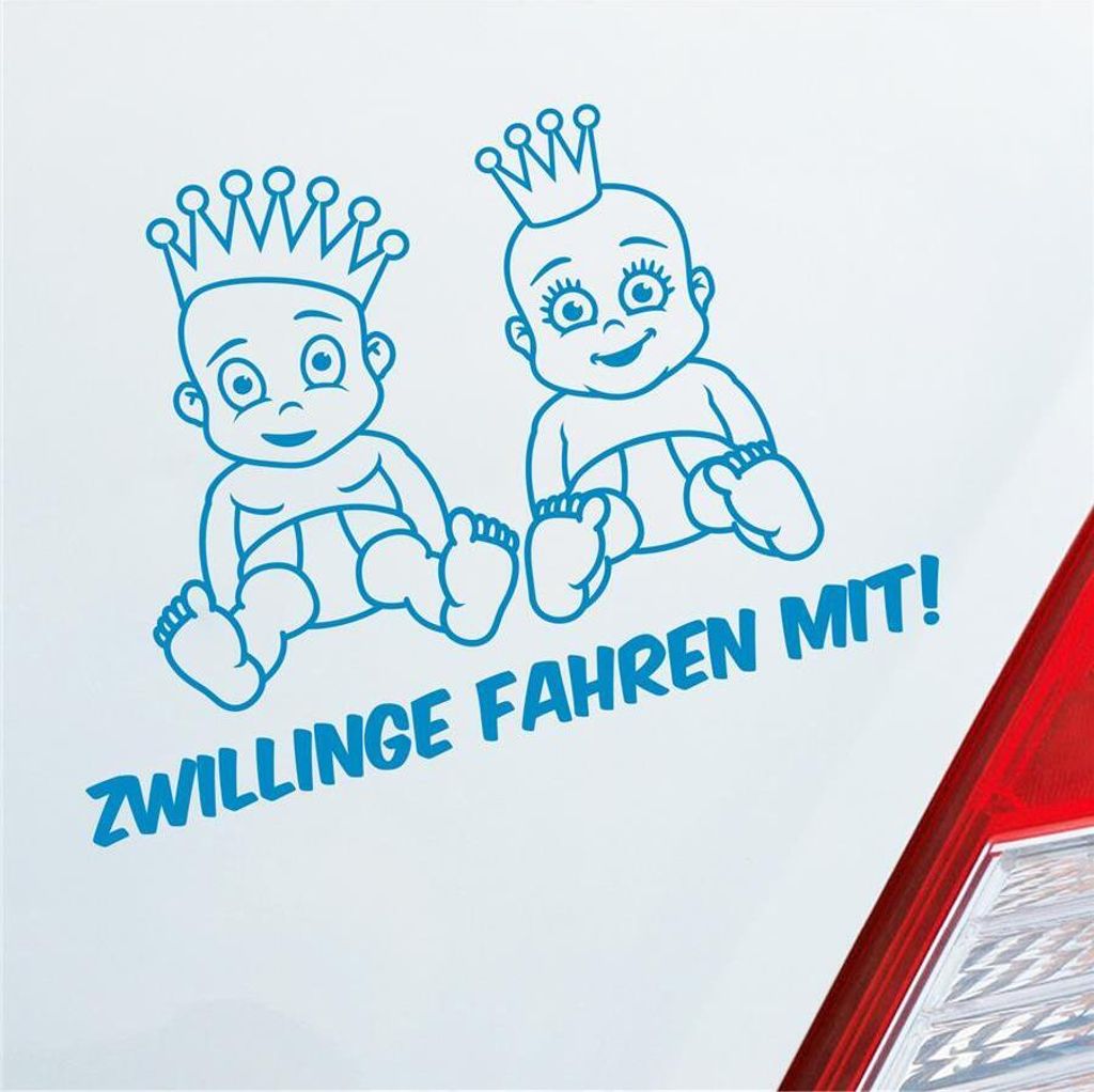 Auto Aufkleber Zwillinge fahren mit! Süß 28x20 cm Hellblau Sticker Heckscheibenaufkleber