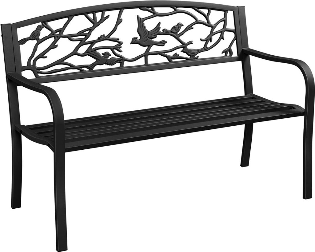A black metal garden bench with an ornate backrest featuring a tree and bird motif, presented against a plain white background.
