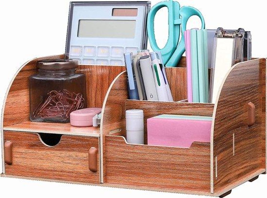 Holzschreibtischorganizer mit 7 Fächern - multifunktionale Holzstifthalter