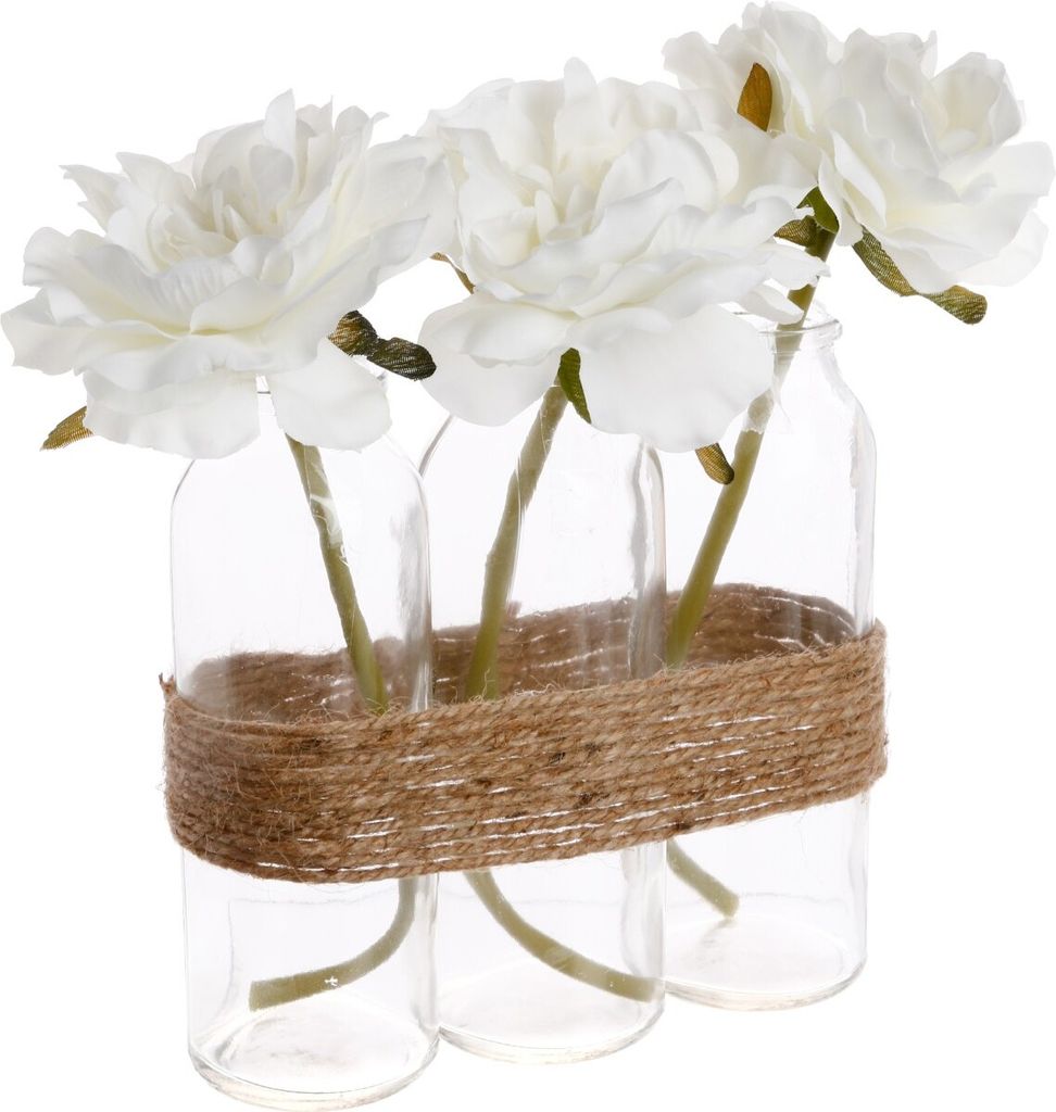 Komposition 3 künstliche rosen vase glas h24,5cm  - Produktbild 