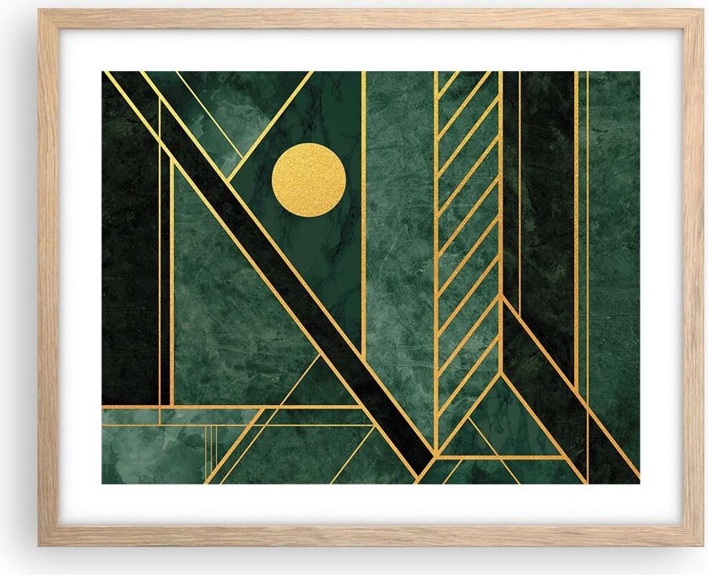 Gerahmtes Poster - Rahmen in heller Eiche - Grün Stück geometrisch - 50x40 cm - Wand Bild - Wanddeko - Wandbilder - Kunstposter - Wandposter - Bi...