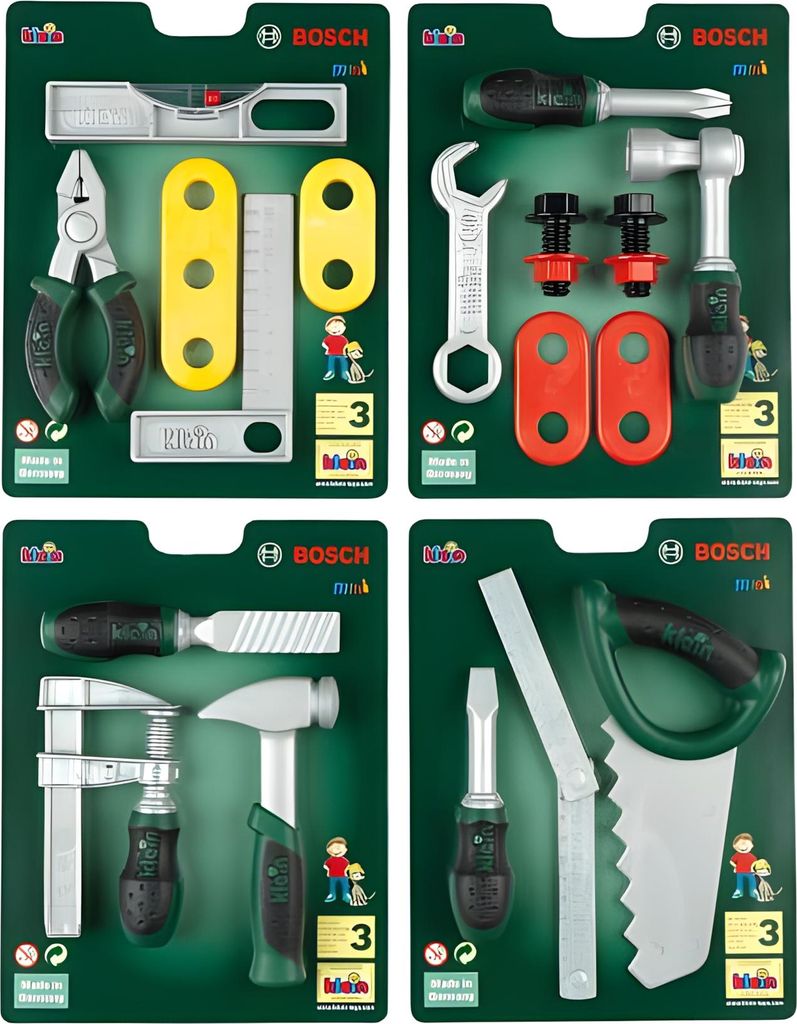 A collage of four different toy tool sets from Bosch, each packaged individually.
