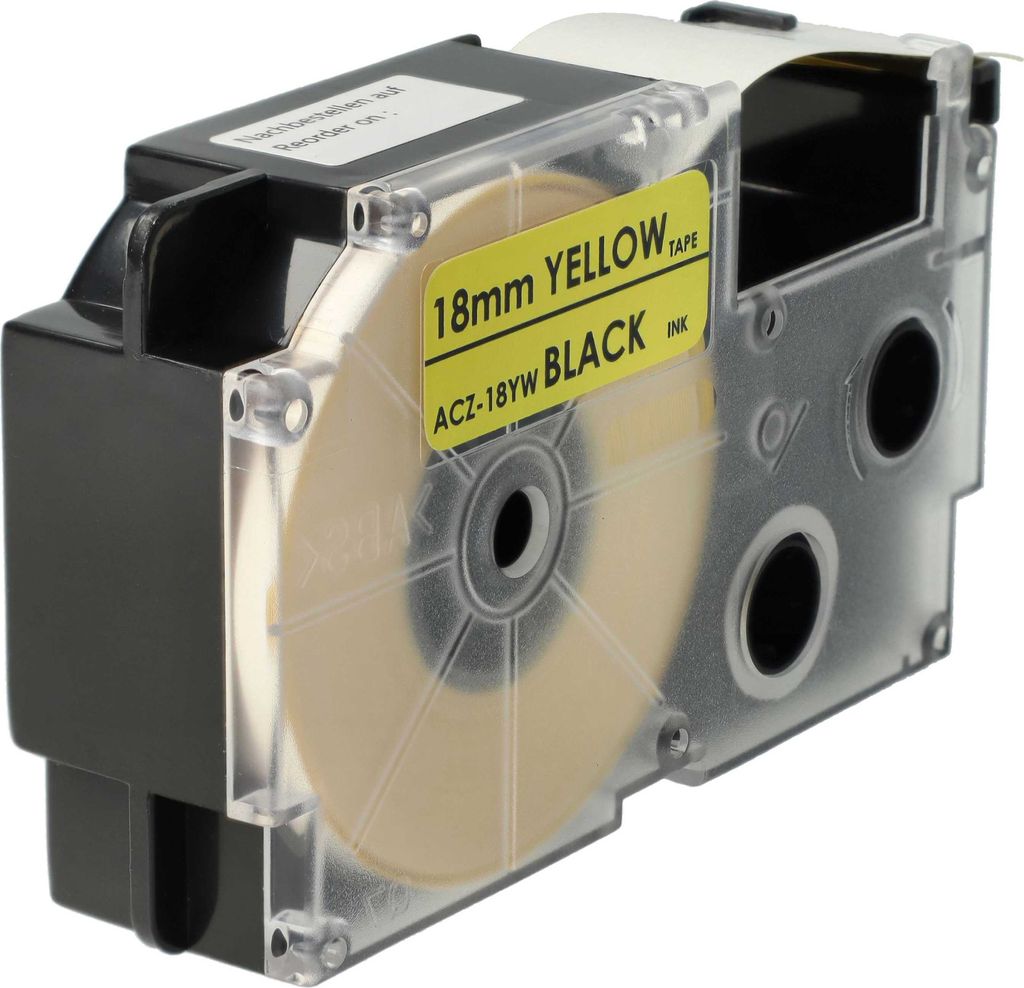 vhbw Schriftband-Kassette kompatibel mit Casio KL-200, KL-2000, KL-300, KL-200E, KL-60 Etiketten-Drucker 8m x 18mm Schwarz auf Gelb, pet+ RESIN