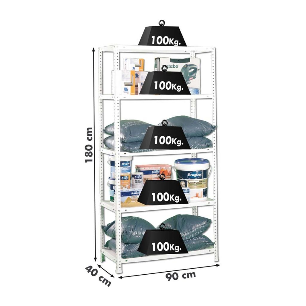 PROREGAL Schraubregal PANDA TALL | HxBxT 200x110x40cm | 5 Fachböden | Fachlast 90kg | Weiß