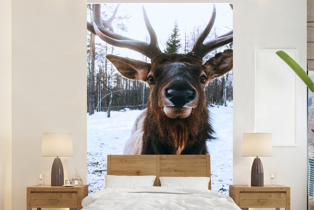 MuchoWow Fototapete für Wohnzimmer oder Schlafzimmer Wandtapete Vinyl Motivtapete Hirsche - Geweihe - Schnee - 160x240 cm - Vinyltapete