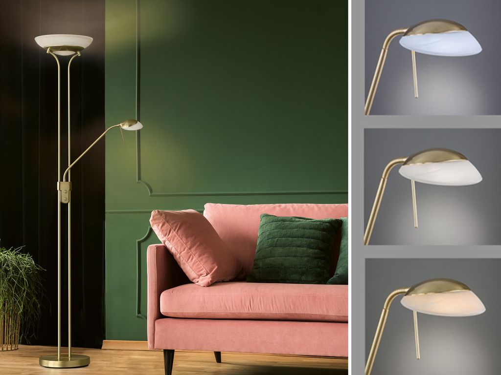 LED Designklassiker Deckenfluter Messing mit Leselampe Produktbild 