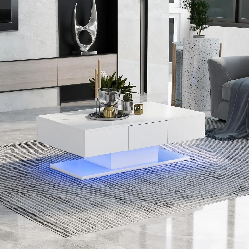 Table de salon moderne 100cm laquée blanche avec rangements doubles
