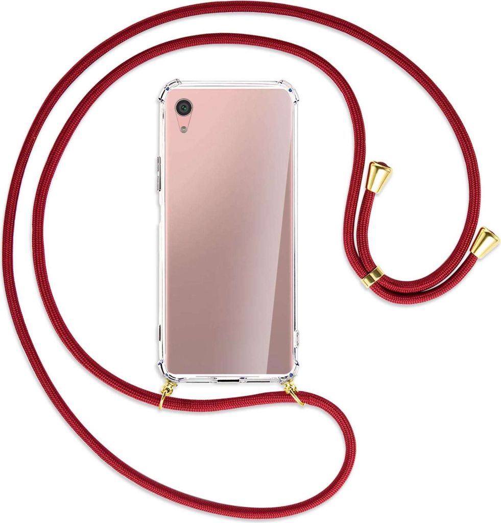 Handykette Backcover-Schutzhülle mit Band (Metall goldfarben) für Sony Xperia XA1 Plus - dunkelrot