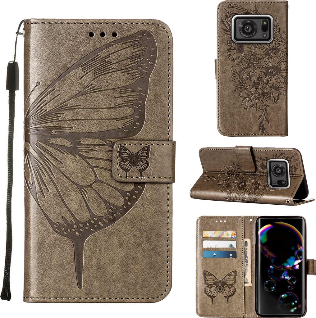 Sharp Aquos R6 Hülle, Schmetterling Prägung Flip Leder Kartenfächer Schutzhülle Ledertasche mit Ständer für Sharp Aquos R6 Grau
