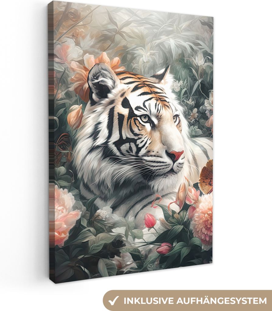 MuchoWow - Leinwandbilder - Tiger - Wildtiere - Blumen - Dschungel, Wandbild, Wanddeko Bilder Wohnzimmer, 60x90 cm