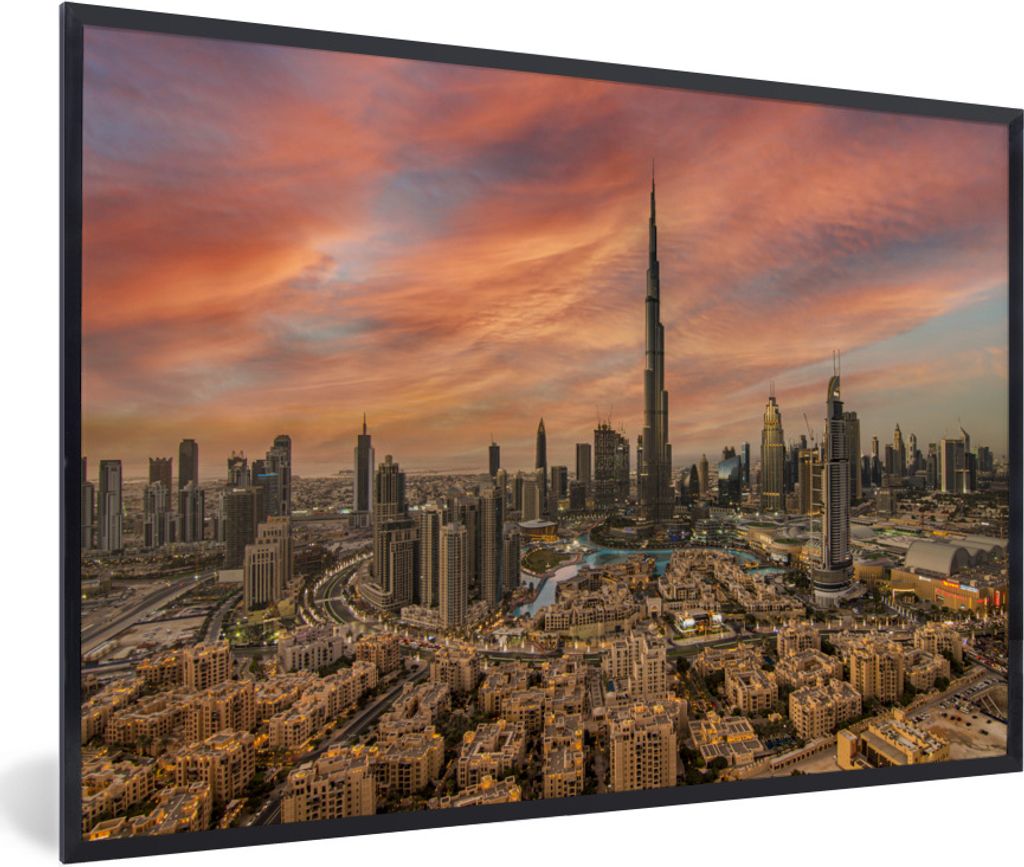 MuchoWow Gerahmtes Poster Skyline von Dubai und der Burj Khalifa 30x20 cm - Poster mit Schwarzem Bilderrahmen Wandposter Rahmen Foto Bilder - Kun...