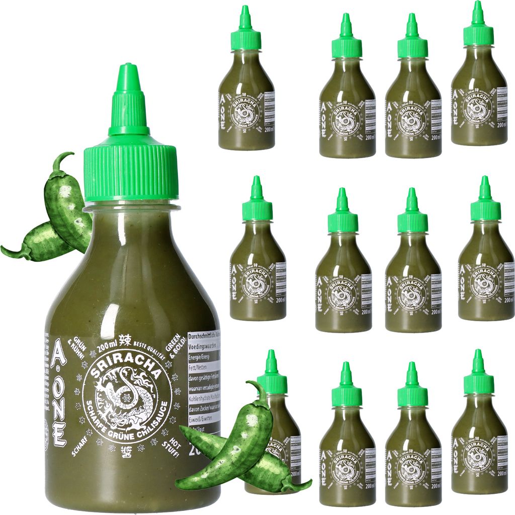 A-ONE Sriracha Sauce Green Chili 12 x 200ml Hot Chilli Grüne Chilisauce - Perfekt für Gastro