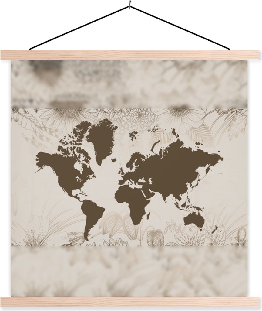 MuchoWow Textilposter Weltkarte - Blumen - Grün 60x60 cm mit holzfarbenen Rahmen - Wanddekoration