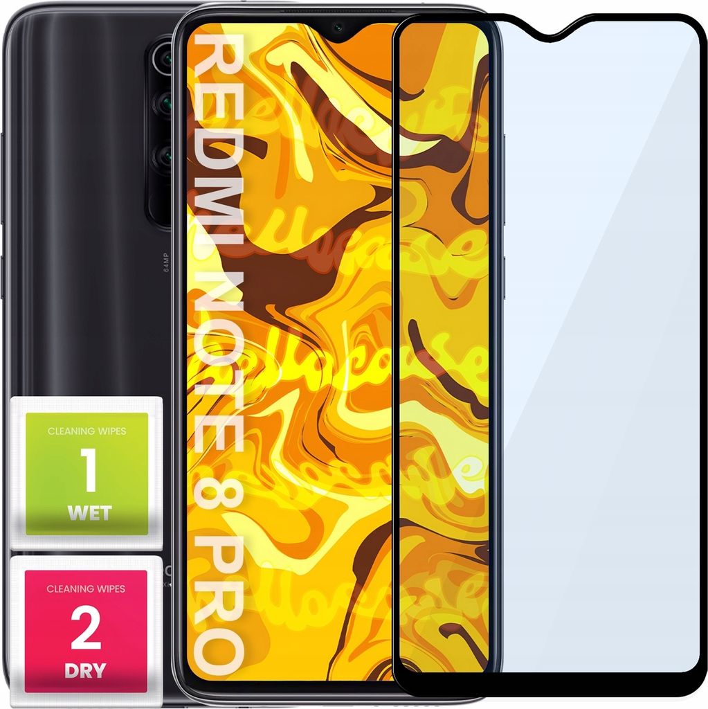 A smartphone with a screen protector and cleaning wipes.