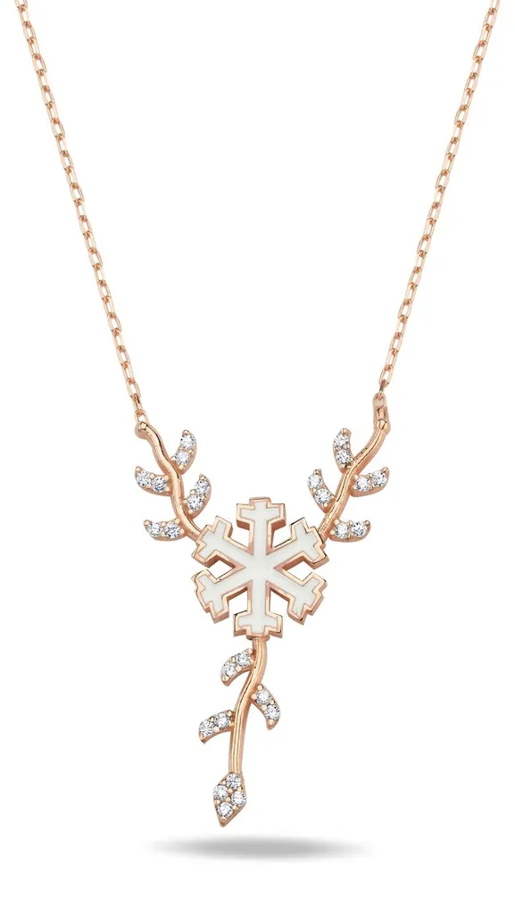 Pendentif Flocon de Neige Collier Femme Argent 925 Rose Gold et Émail