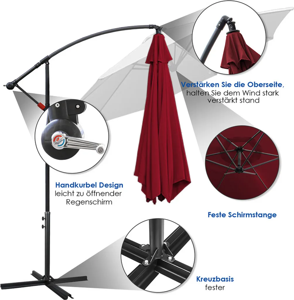 Ombrellone 3m Fiqops Rosso UV40+ Pendolo Giardino Esterno Offerta - 4