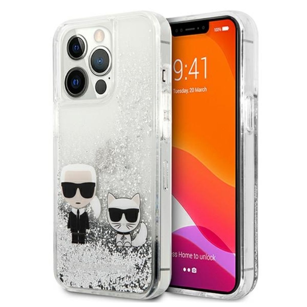 A Karl Lagerfeld iPhone 13 Pro case with glitter and cartoon figures.