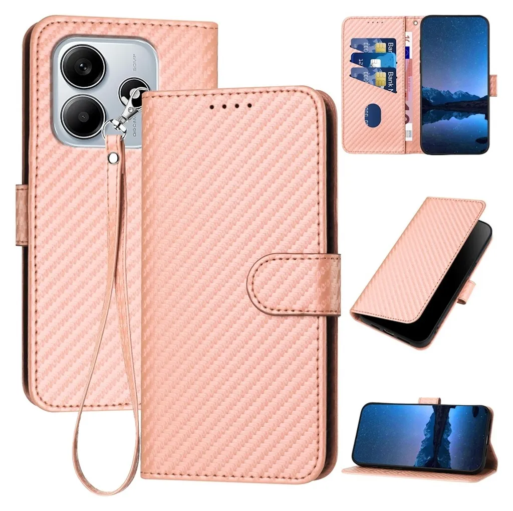 Custodia Rosa per Redmi Note 14 5G in Pelle e Carbonio con Cordino - 1