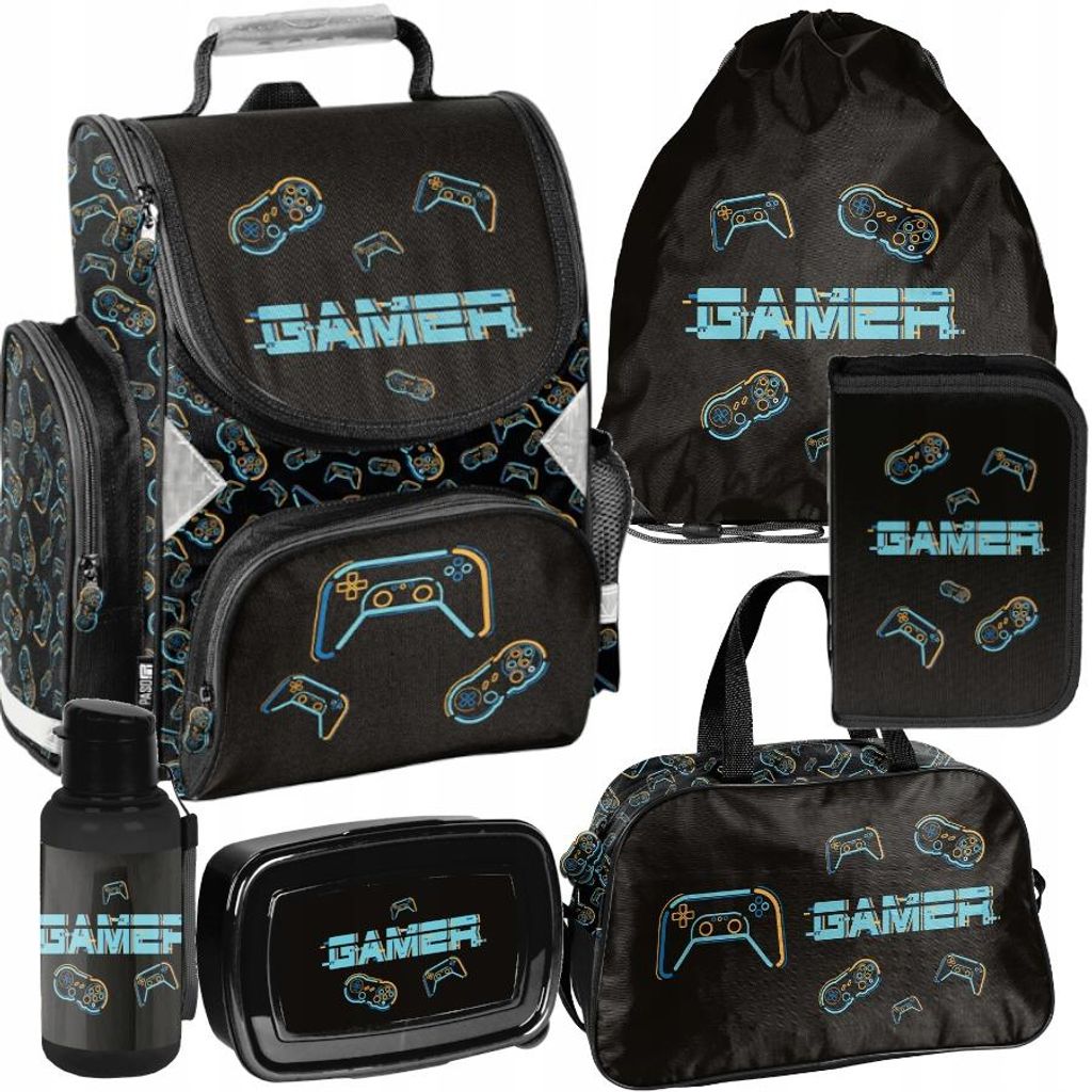 Mega Schulset – GAMER 6-teiliges Schulranzen-Set Für Jungen & Mädchen Klasse 1–4 schwarz