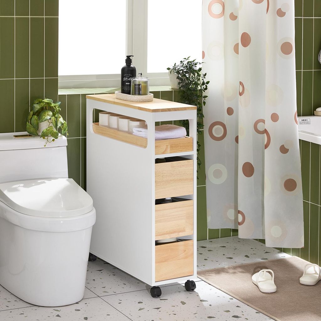 Toilettenschrank BZR54-II-WN von SoBuy neben WC in grünem Badezimmer